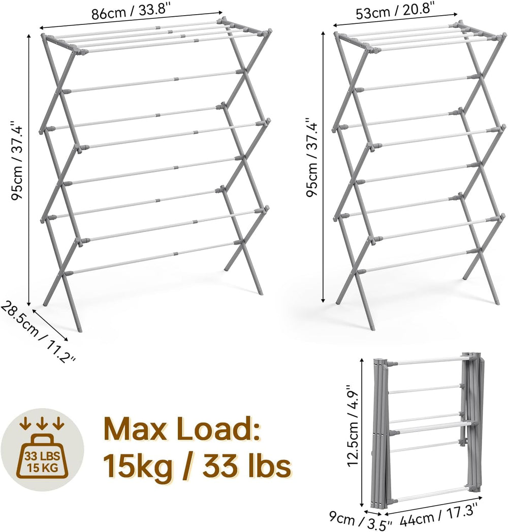 Clothes Drying Rack, 3-Tier Foldable Extendable, White & Grey