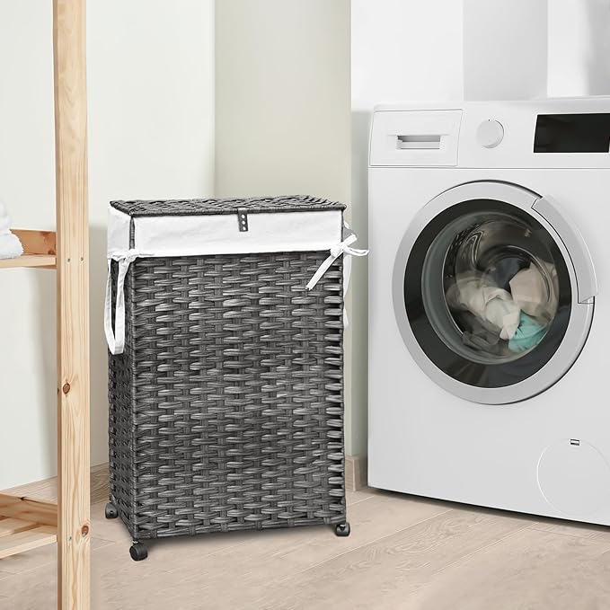 70L Slim Laundry Hamper with Lid & Wheels, 2-Park Rolling Laundry Basket ...
