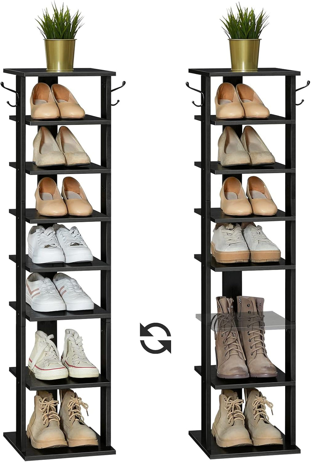 HOOBRO 8 Tiers Vertical Shoe Rack, Wooden Shoe Storage Organizer with Hooks, ...