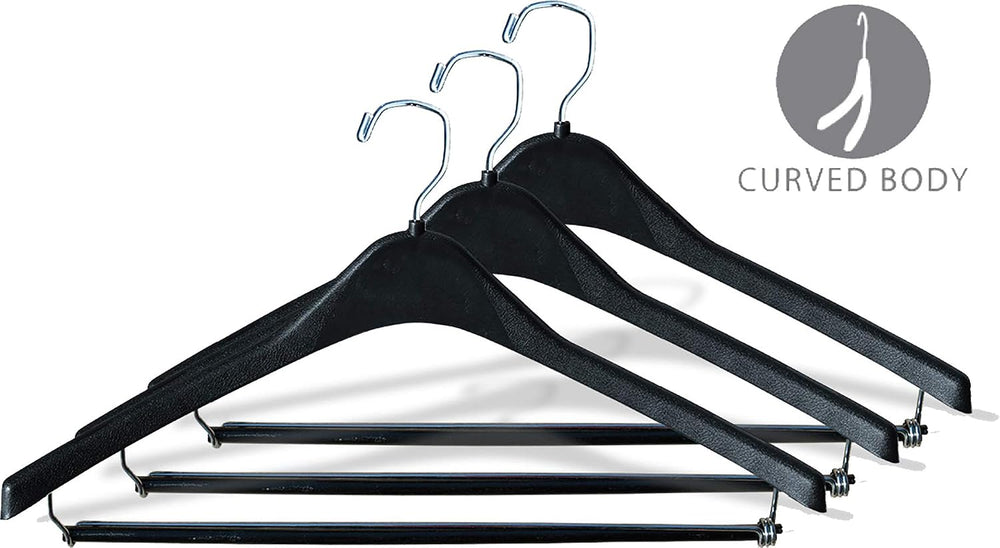 Heavy-Duty Black Plastic Coat Hanger with Locking Wooden Pant Bar, (Box of 25...