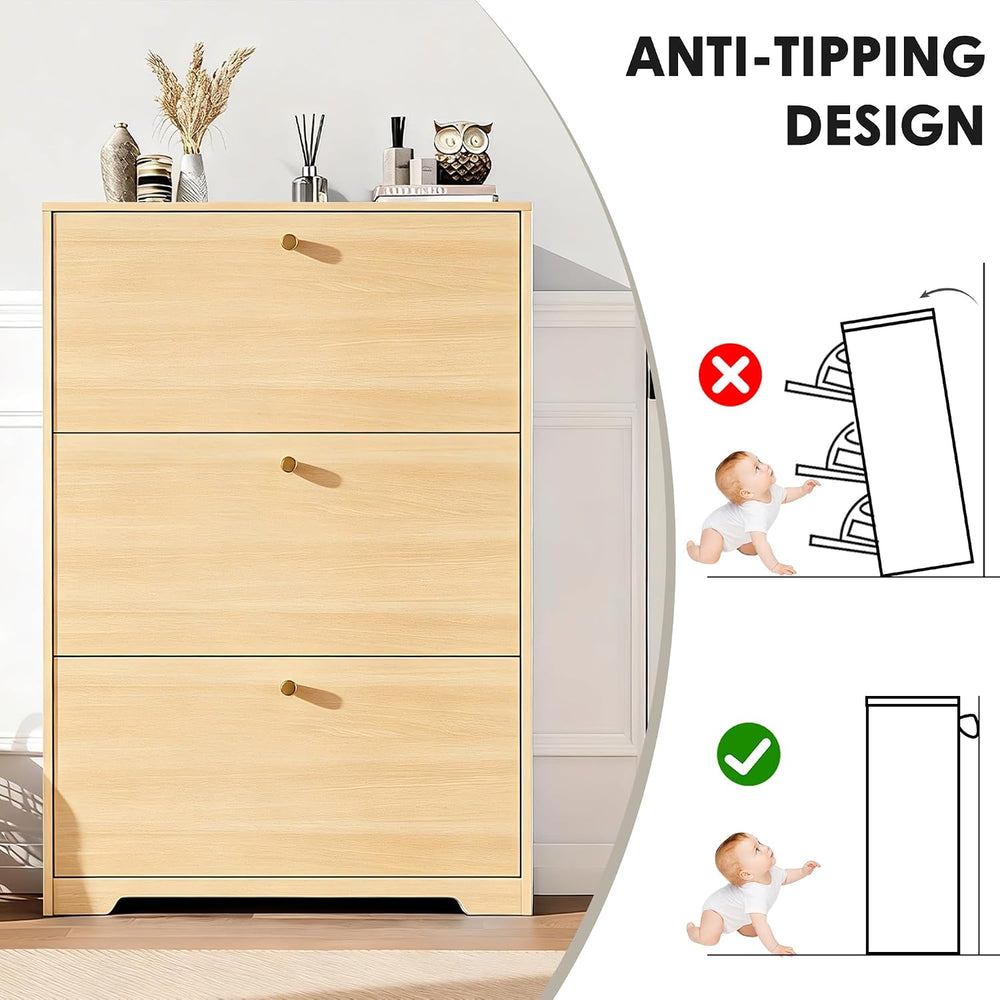 Nicetree Shoe Cabinet with 3 Flip Drawers, Entryway Storage, Natural Oak