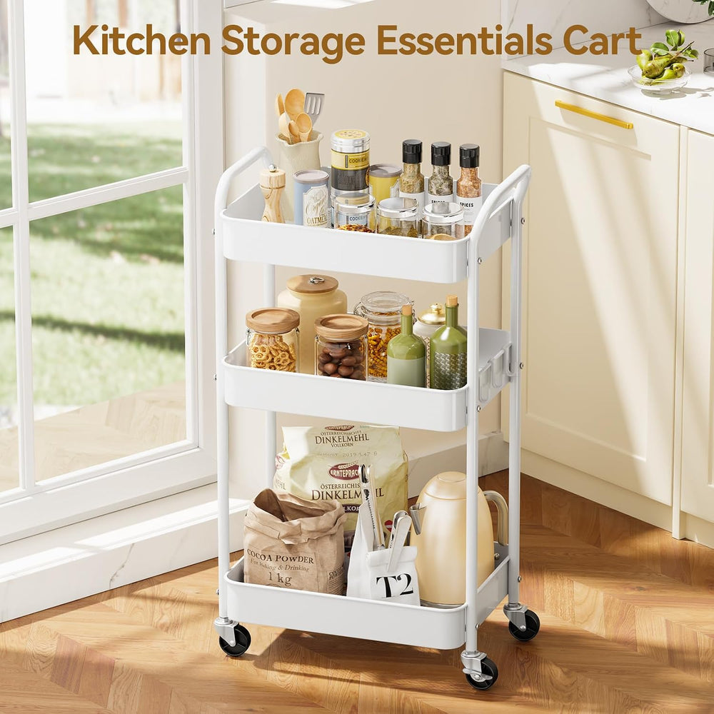 YASONIC 3-Tier Metal Rolling Cart Utility Carts with Wheels White
