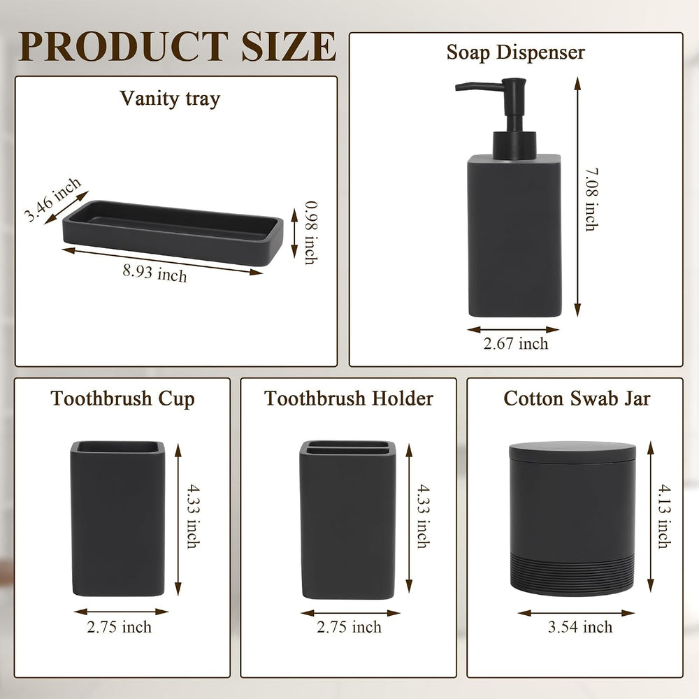Bathroom Accessories Set, 6 Piece Soap Dispenser Set - Matte Black