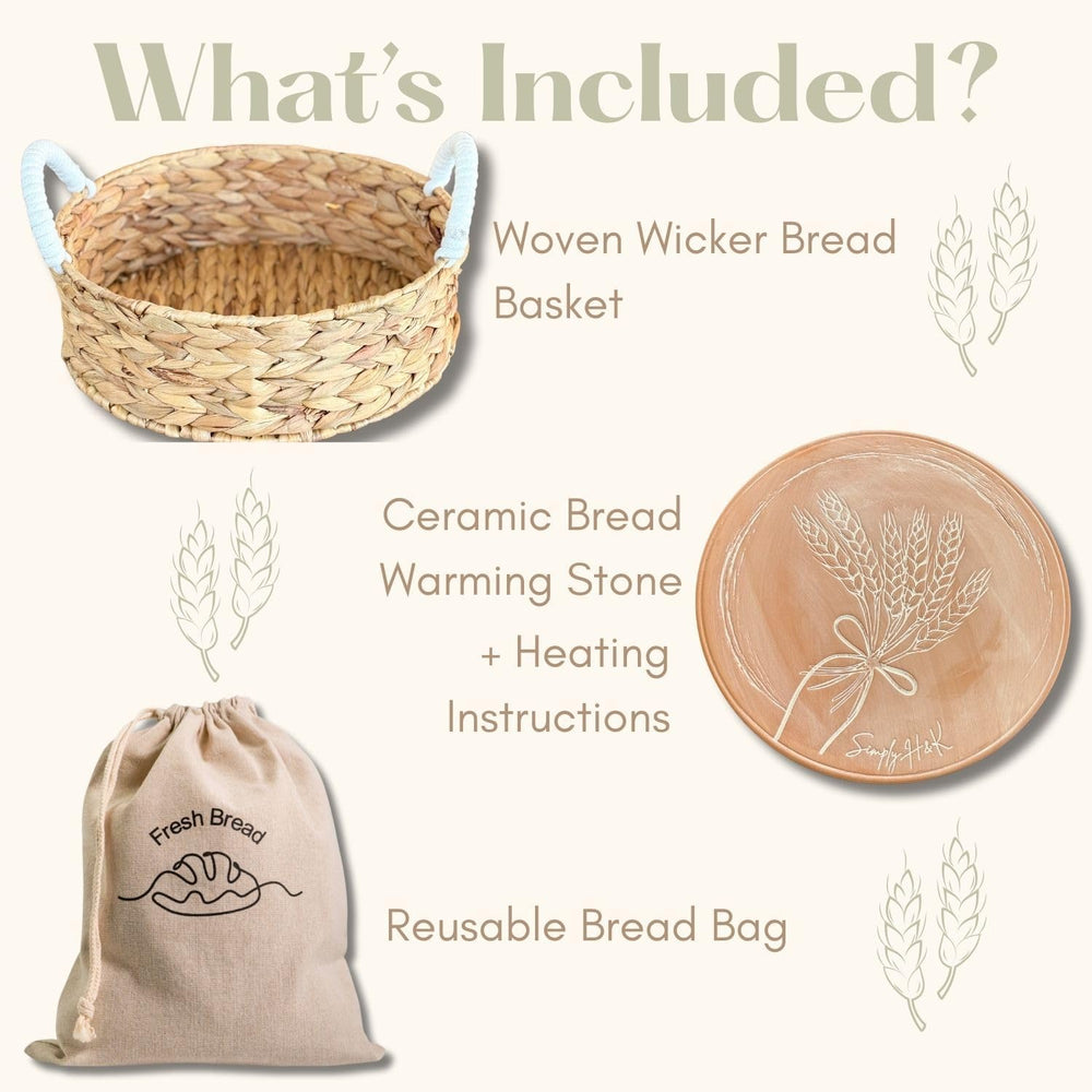 Simply H&K Bread Warmer Basket with Stone - Includes Reusable Linen Bread...