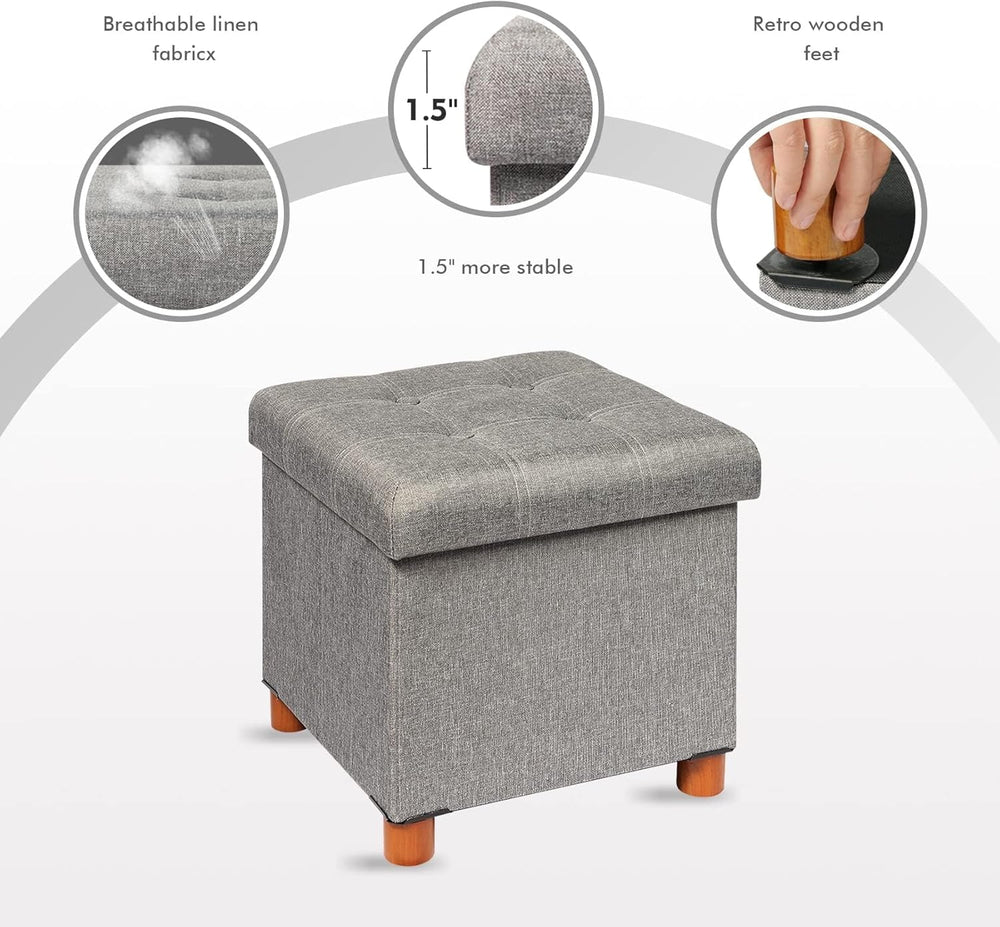 B FSOBEIIALEO 15" Square Storage Ottoman with Tray, Wood Legs, Linen Grey