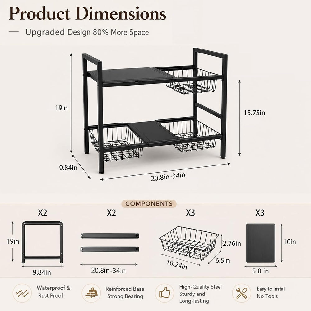 Expandable Under Sink Organizer, 2 Tier Under Sink Shelf, Height Adjustment, ...