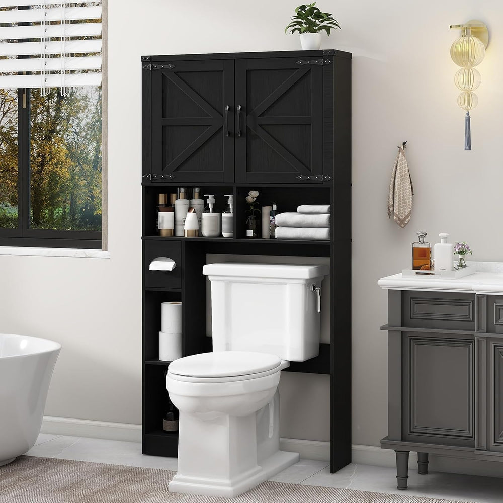 Vabches Over The Toilet Storage Cabinet with 2 Barn Doors, Pure Black