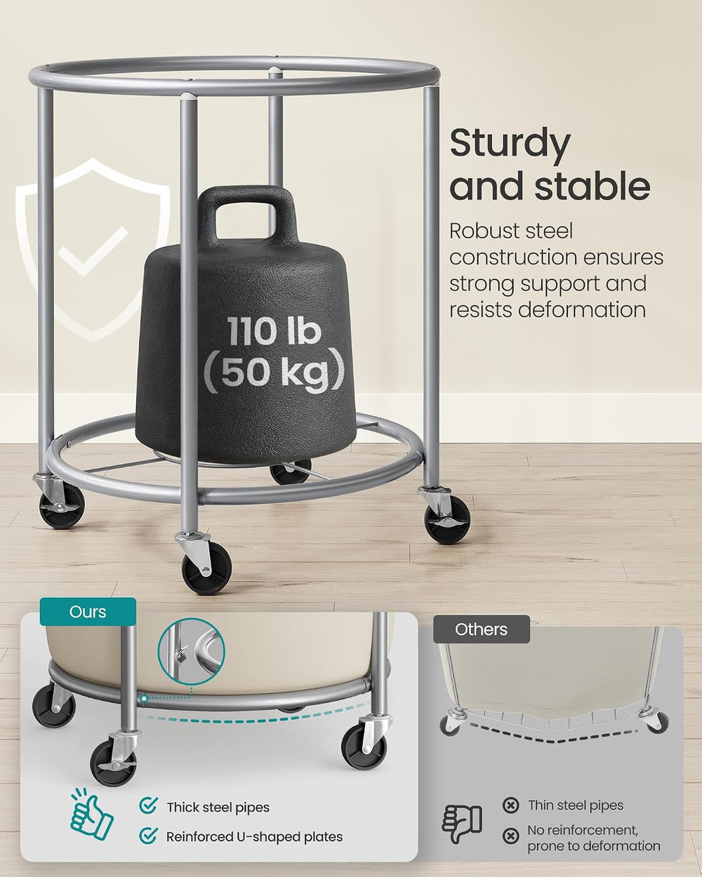 SONGMICS Laundry Basket with Wheels,190 L, Steel Frame, Removable Bag
