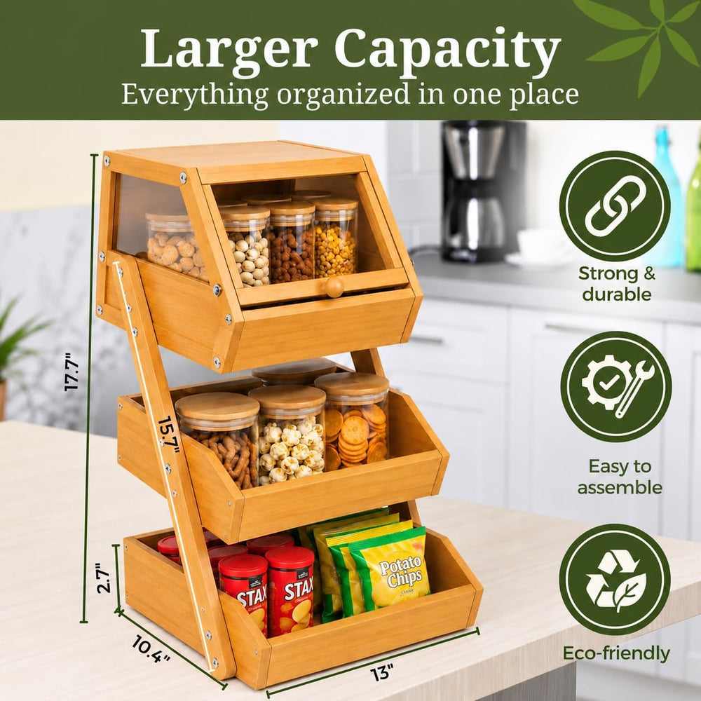 3-Tier Bamboo Basket with Preassembled Drawers, Acrylic Cover & Banana Ho...