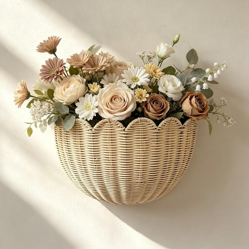 Set of 2 Scalloped Hanging Wicker Baskets for Wall, Scalloped Home Decor, Han...
