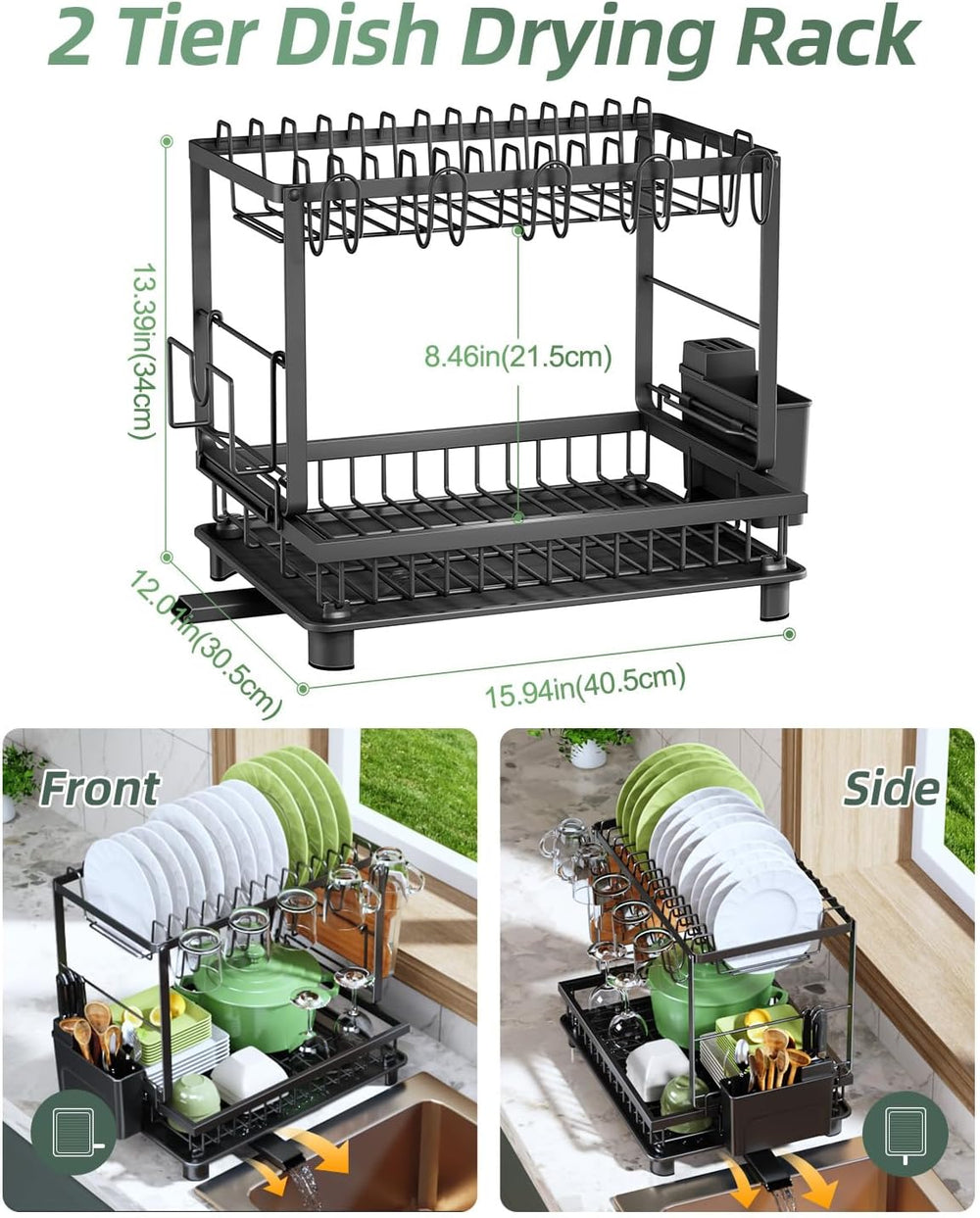 2-Tier Dish Drying Rack for Kitchen Counter, Space-Saving, Black
