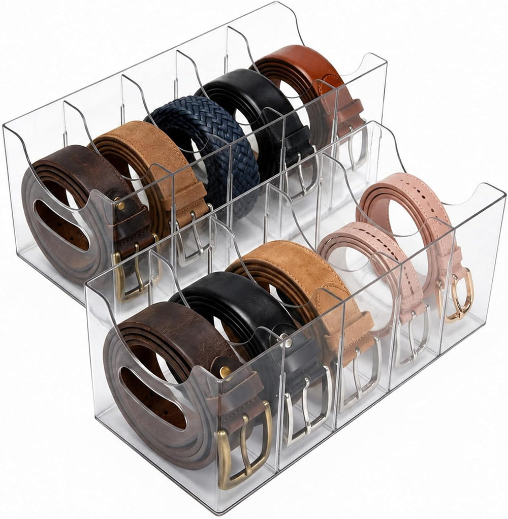 2 Pack Belt Organizer for Closet, 5 Compartments, Removable Dividers