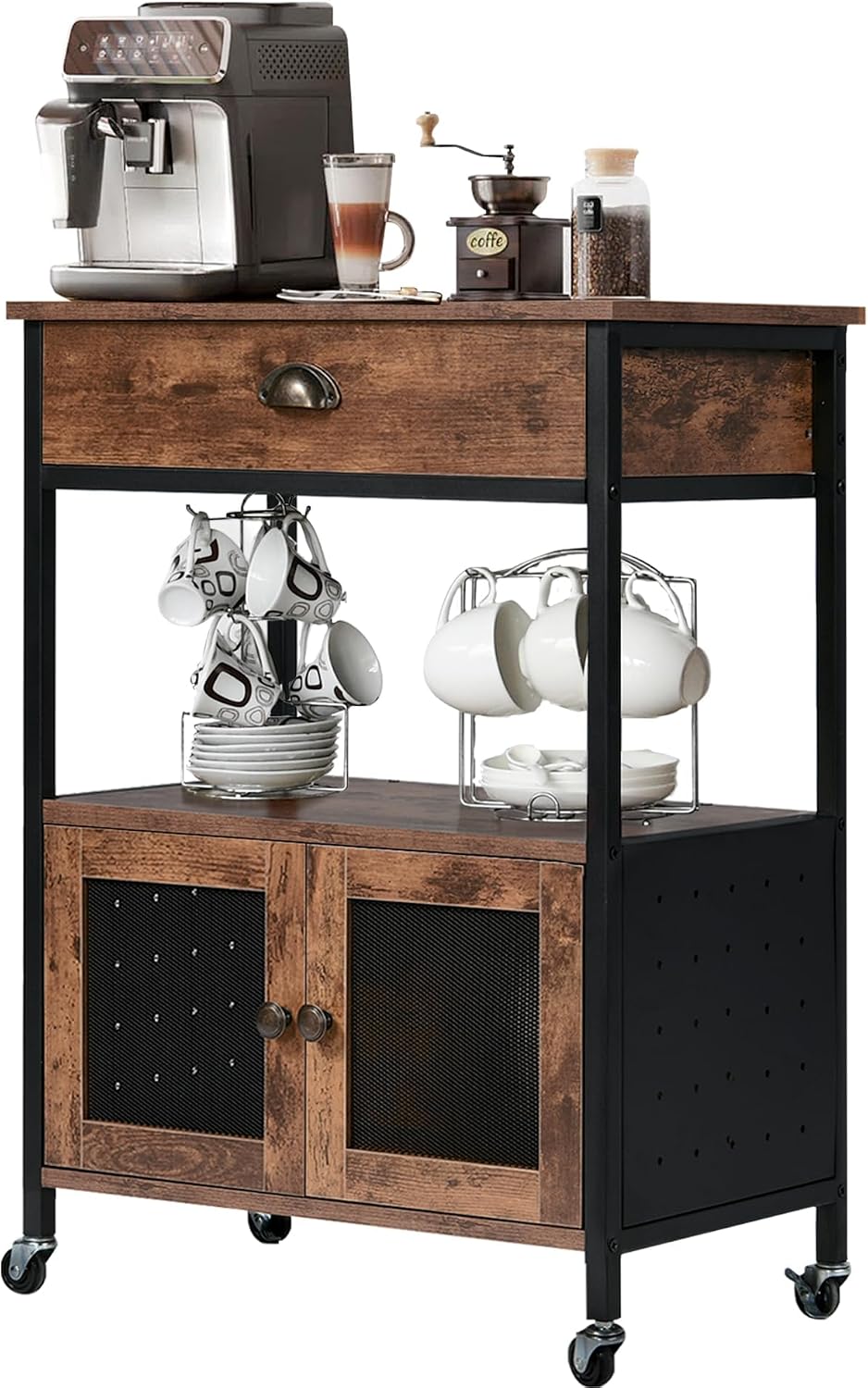 Coffee Bar Cart Cabinet,3 Tier Coffee Station Table on Wheels,Coffee Cart wit...