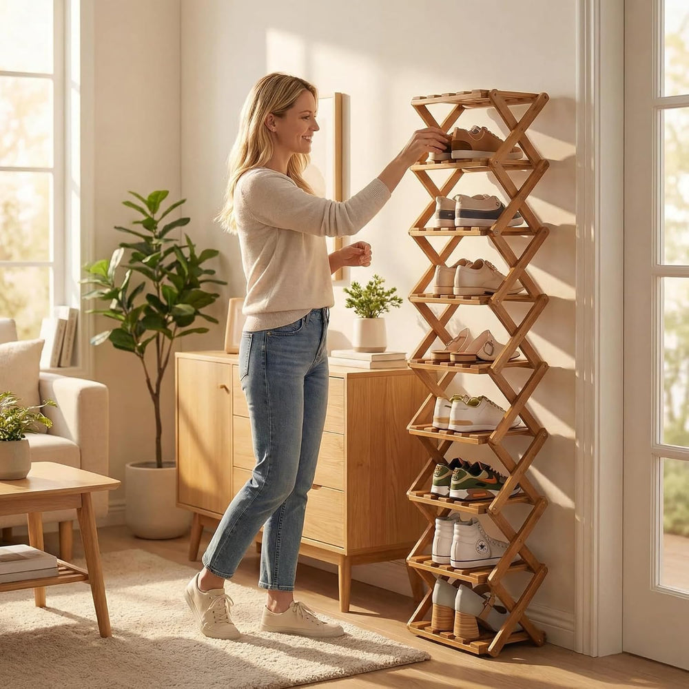 Foldable Bamboo Shoe Rack, 9-Tier No Assembly Shoe Organizer, Space-Saving Fr...