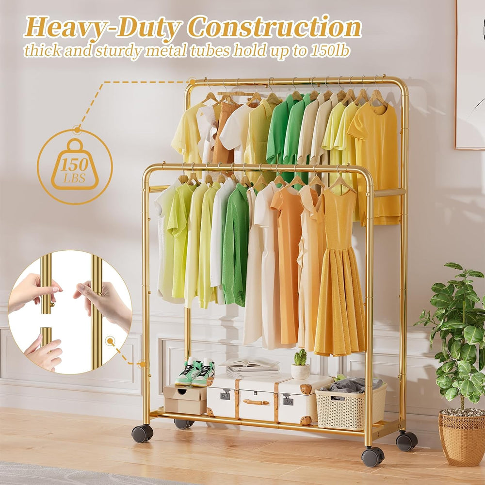 Simple Trending Clothing Clothes Rack Double Rods with Wheels, Rolling Metal ...