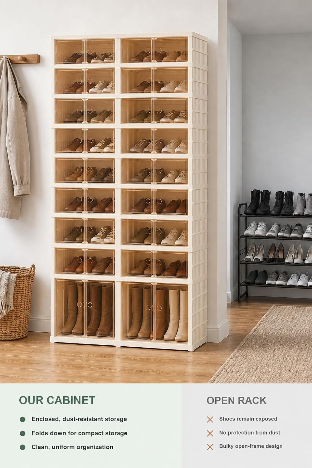 Extra Wide Foldable Shoe Rack with Clear Doors, 9-Tier Shoe Organizer