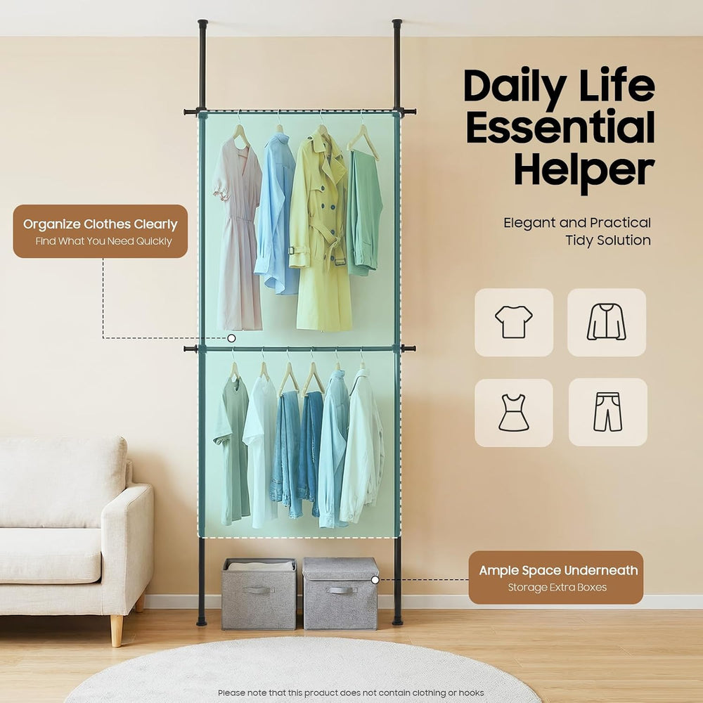 Floor to Ceiling Clothes Rack, Heavy-Duty Telescopic Garment Rack, 2-Tier Adj...