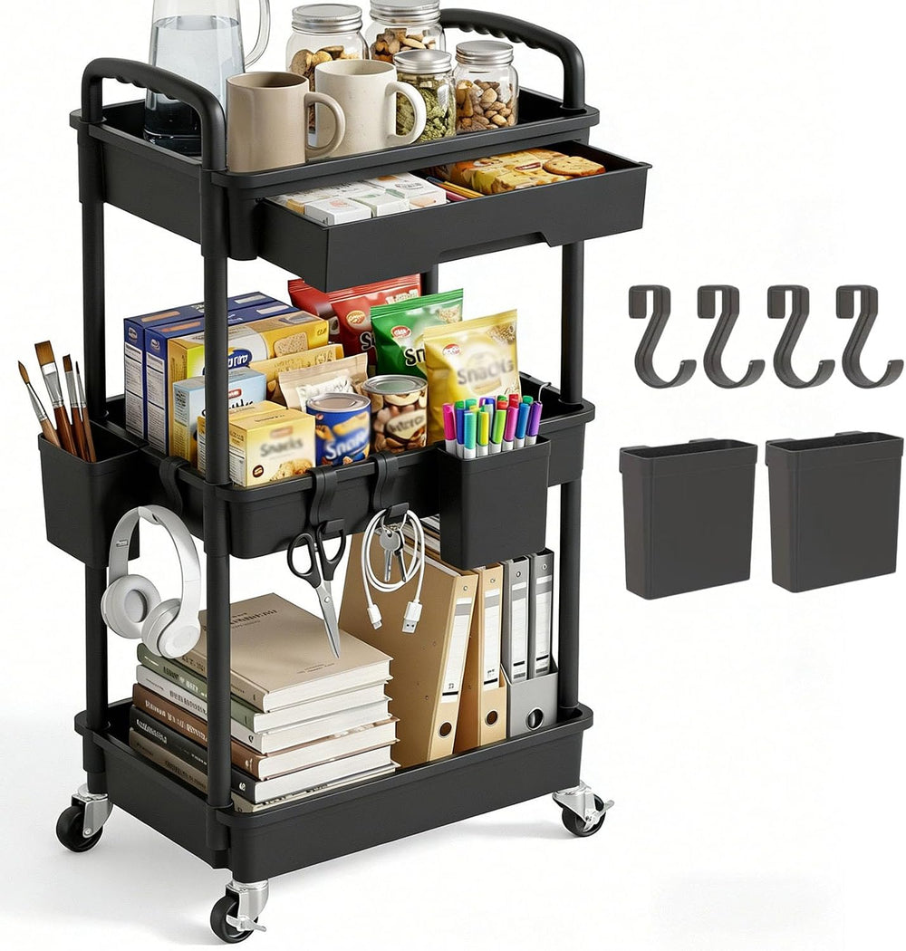 3 Tier Rolling Utility Cart with Drawer, Plastic Storage Organizer Rolling Ca...