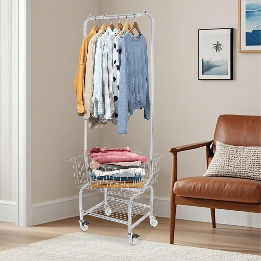 Laundry Cart with Hanging Rack, Metal Garment Organizer with Basket and Shelv...