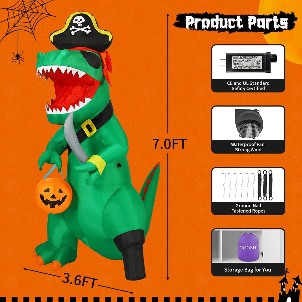 GOOSH 7 FT Halloween Inflatables Dinosaur Outdoor Decorations Blow Up Yard Pi...