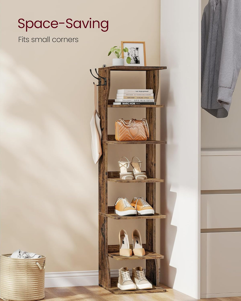 VASAGLE 7-Tier Vertical Shoe Rack, Narrow Shoe Storage Organizer with Hooks