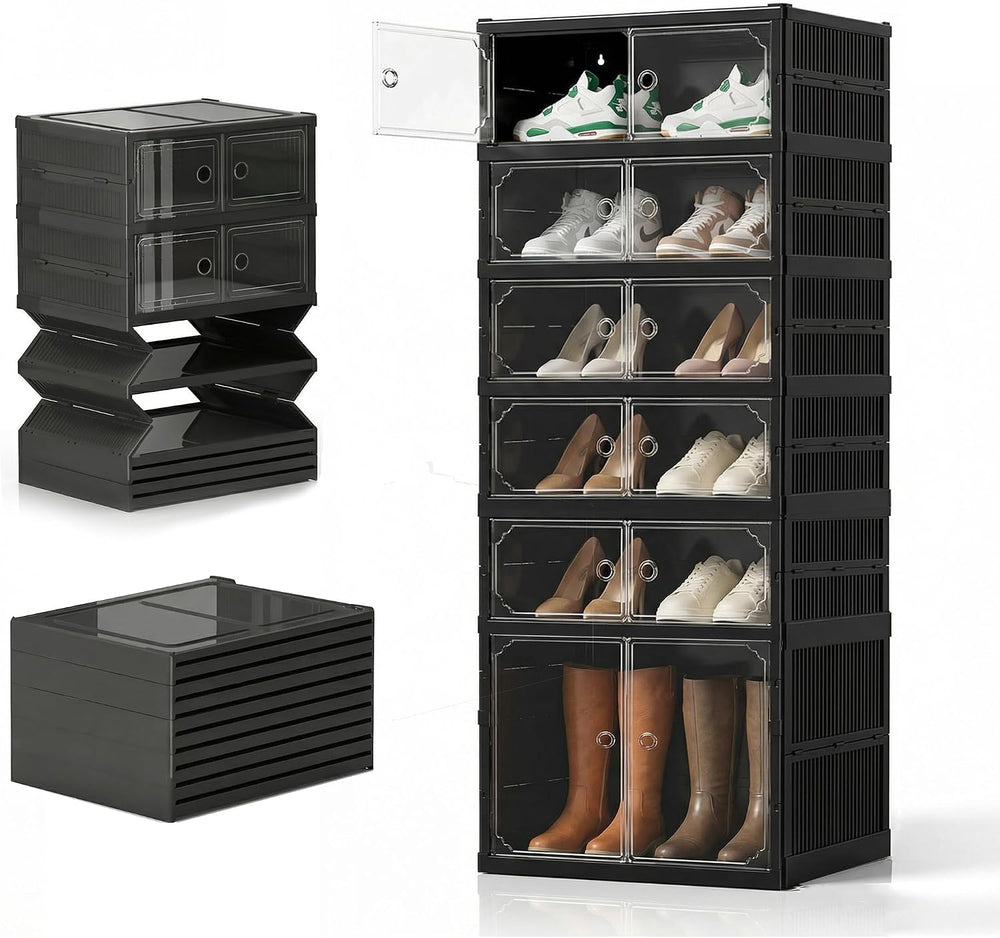 Foldable Shoe Storage Cabinet with Clear Magnetic Doors, 6-Tier No-Assembly S...