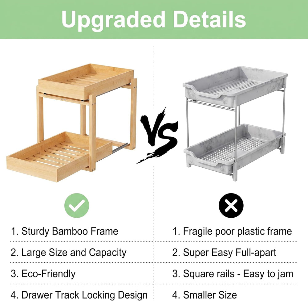 Bamboo Under Sink Organizer, 2 Pack Pull Out Cabinet Organizer