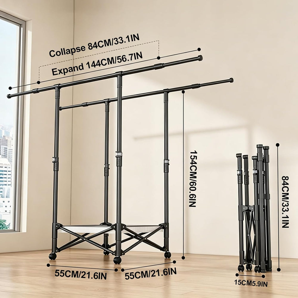 Foldable Collapsible Rolling Clothes Drying Rack,Adjustable Double Rods Laund...