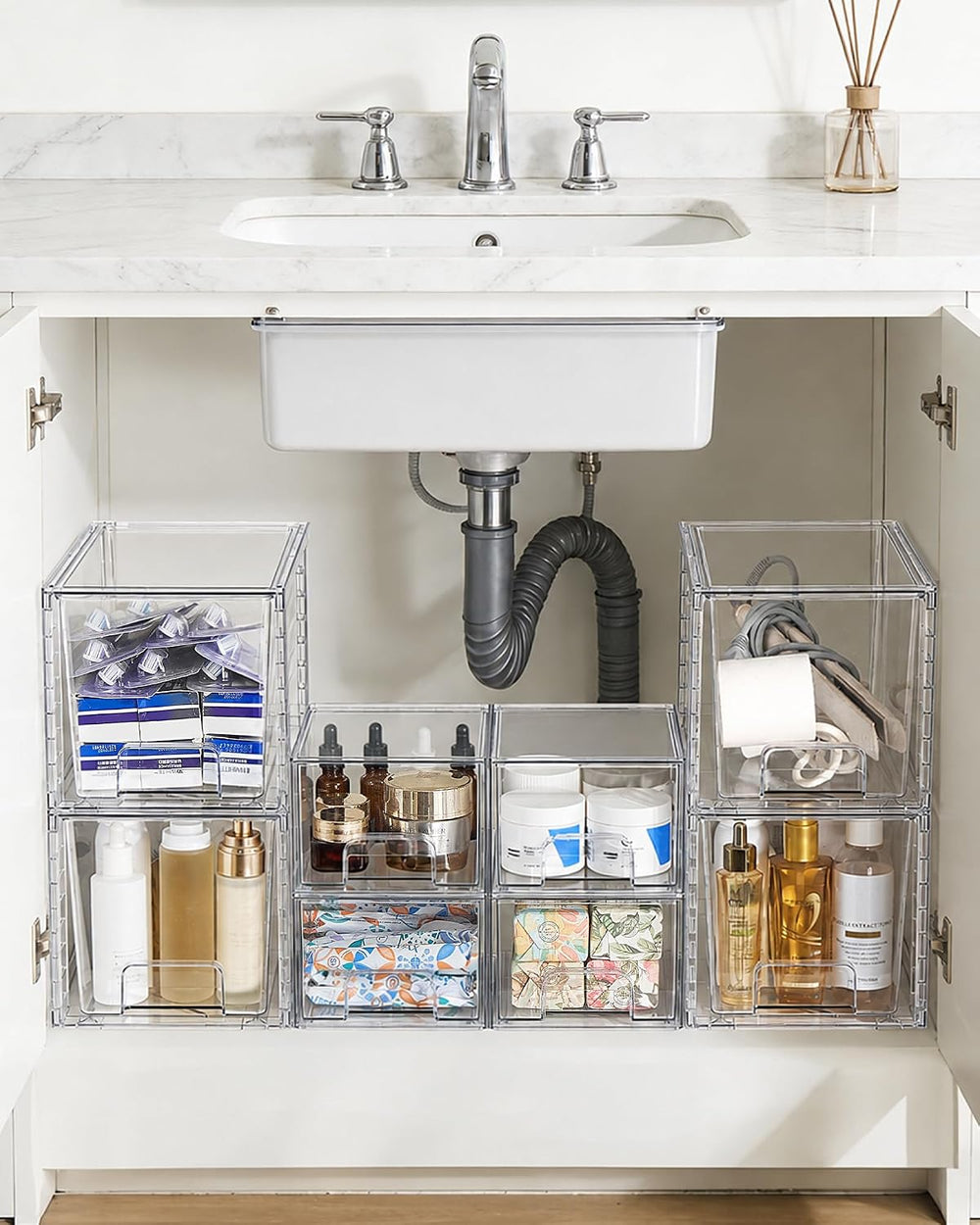 Vtopmart 8 Pack Clear Pull-Out Under Sink Organizer Set (4 Large & 4 Small)