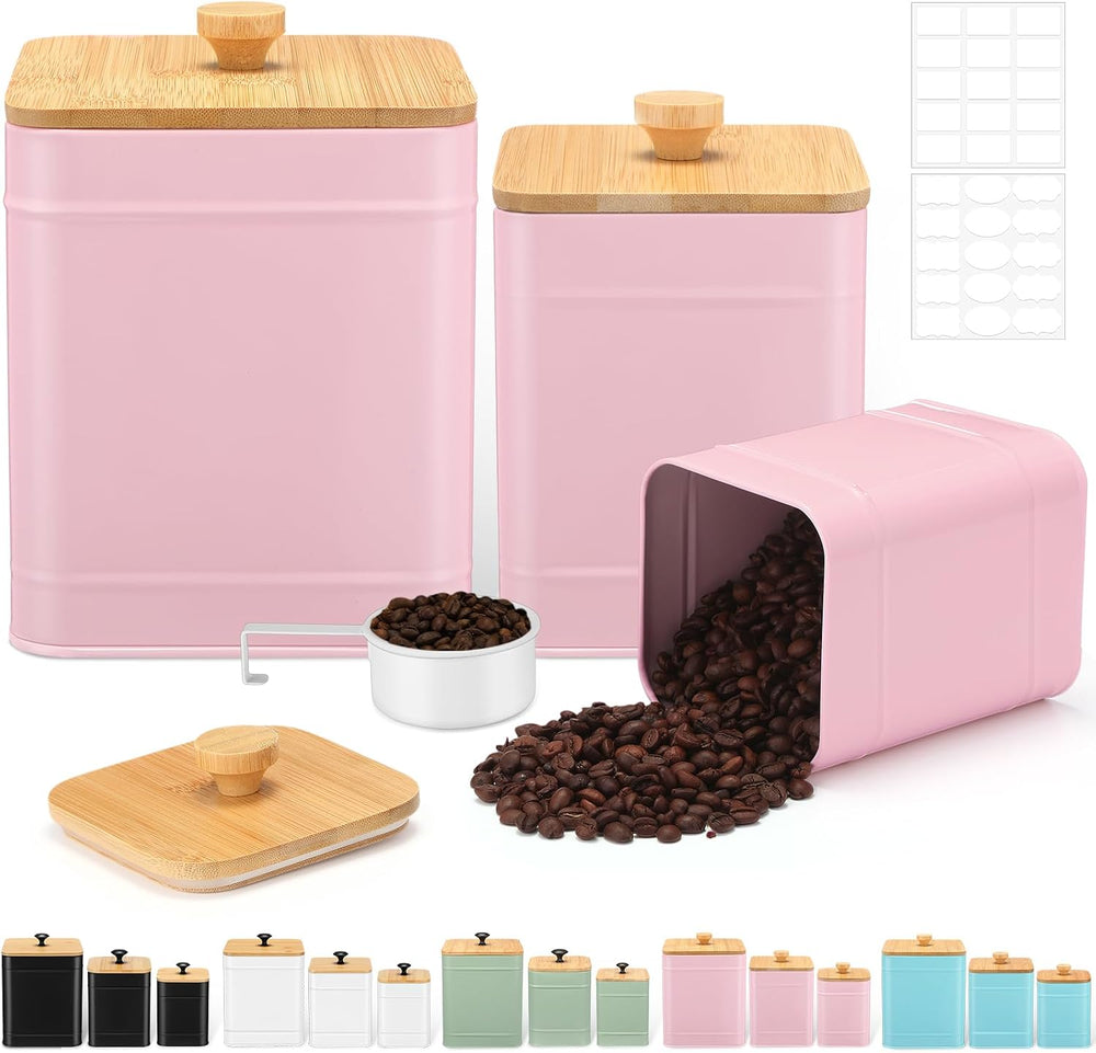Kitchen Canister Set of 3 & Airtight Bamboo Lids Spoon, Pink, L,M,S
