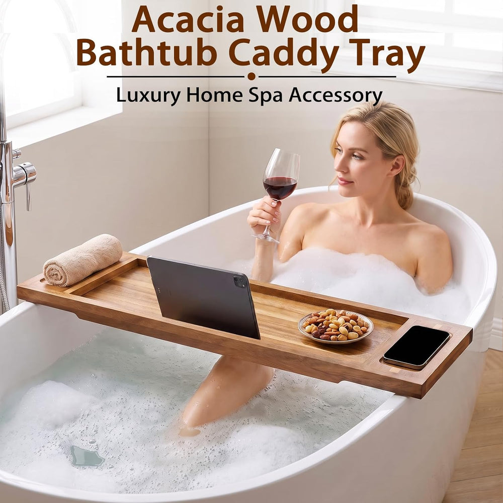 Acacia Wood Bathtub Tray, 35"x10" Large Bath Tray for Free-standing...