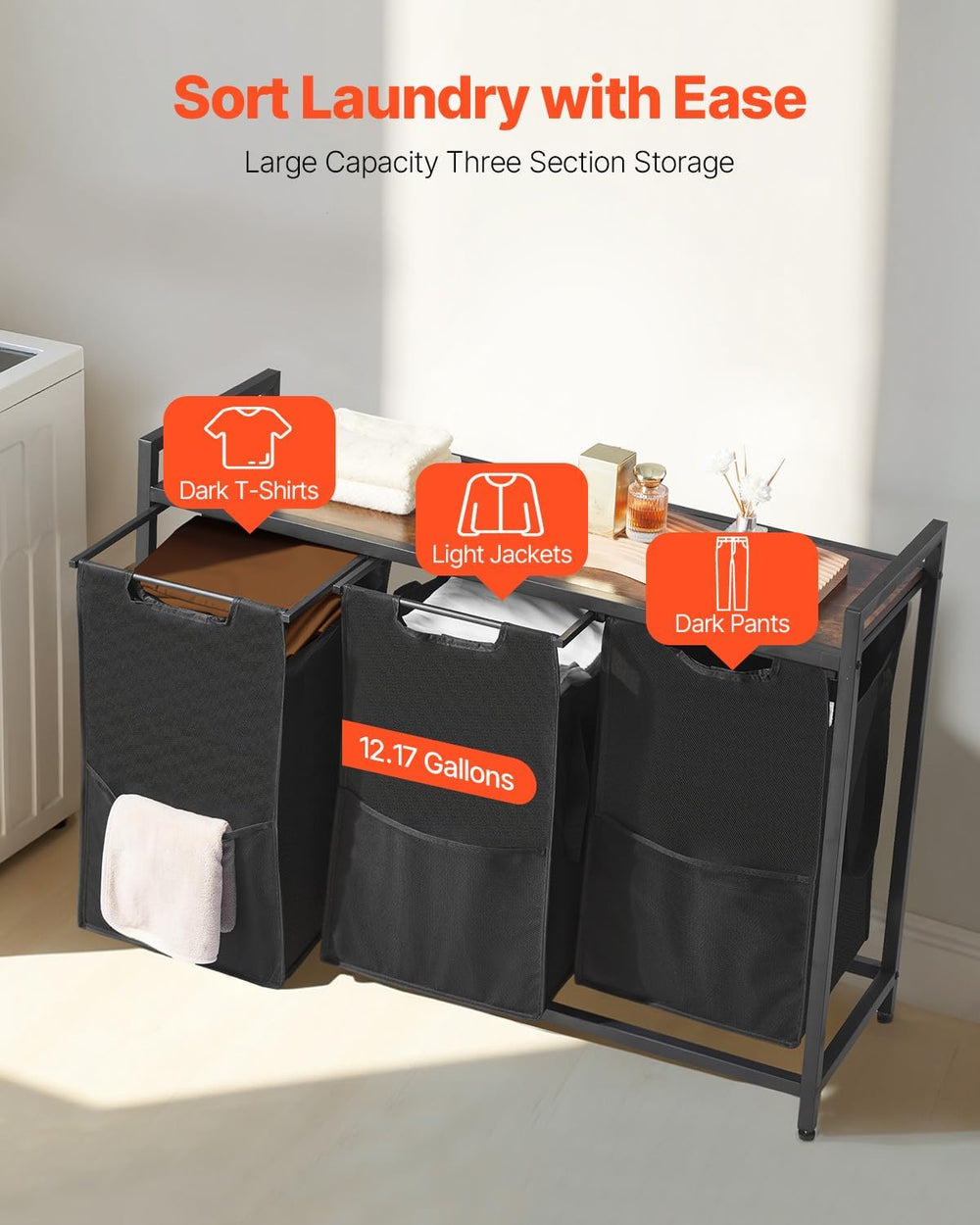 VEVOR 3 Section Laundry Sorter, Large Laundry Hamper with Metal Frame and Woo...