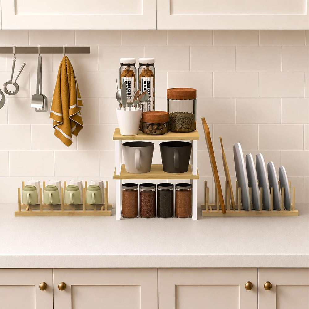 4 Pcs Kitchen Organizer Accessories Set for Cabinet, Classic, Natural Bamboo