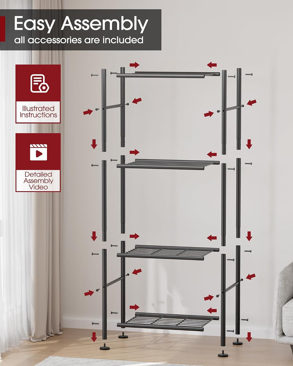4-Tier Metal Storage Shelves Adjustable Feet, 18"x12"x44", Black