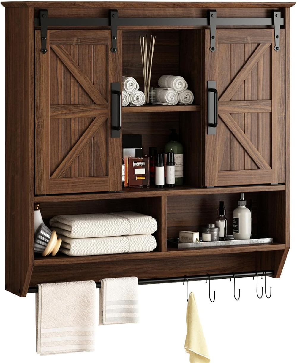 RUSTOWN Farmhouse Bathroom Wall Storage Cabinet with Sliding Barn Doors