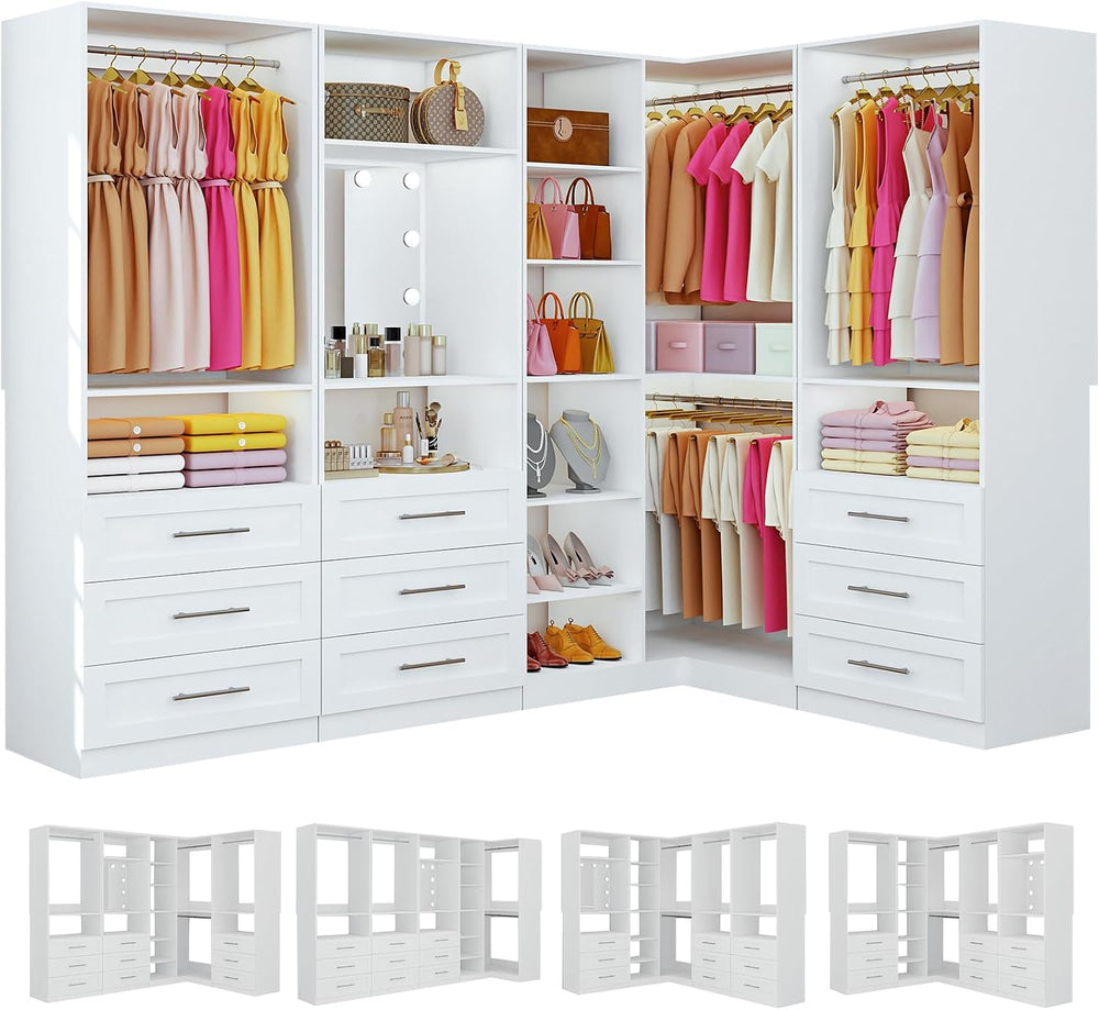 Closet System with 9 Wood Drawers, Corner Closet System with LED Mirror, Walk...