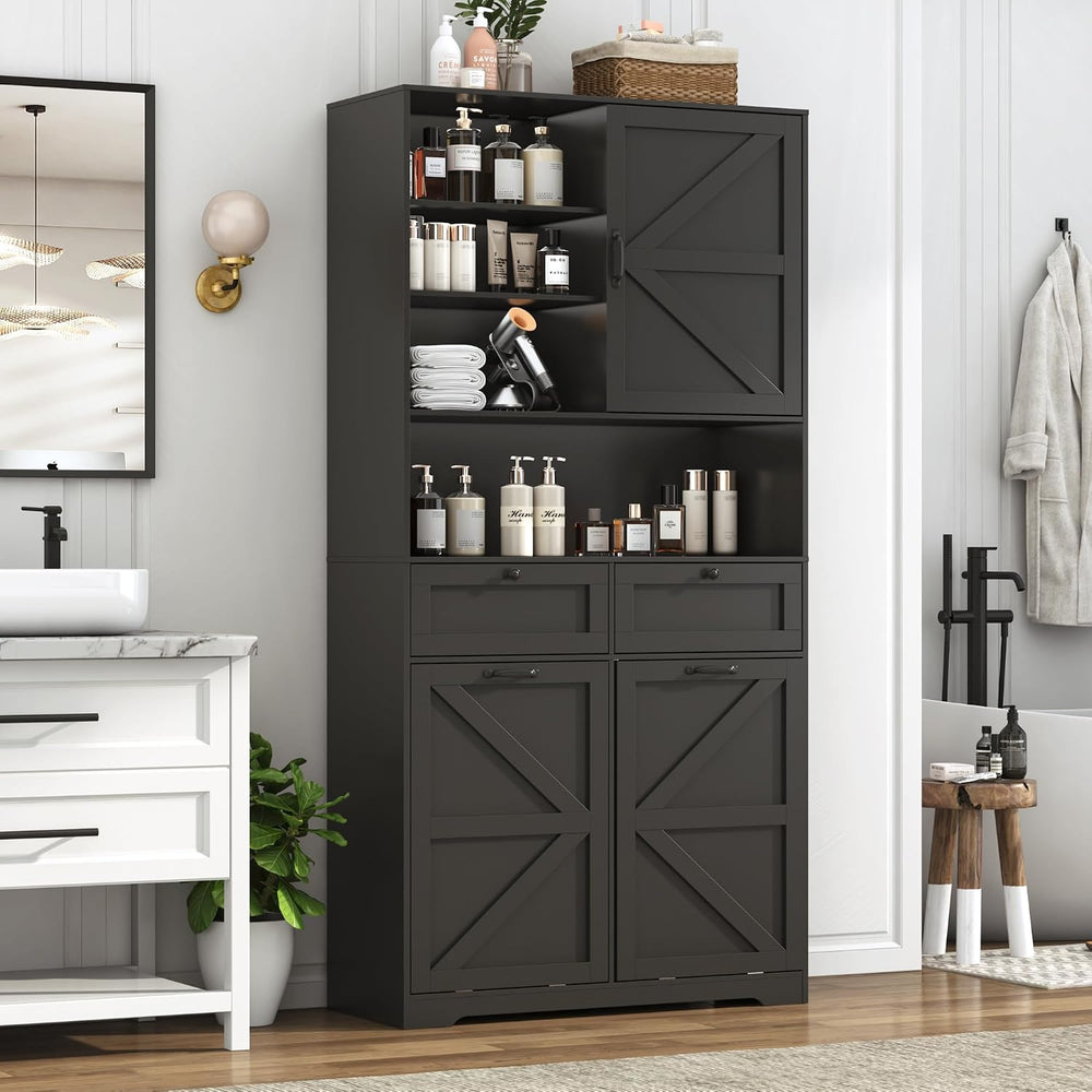 78" Tall Tilt-Out Double Doors Laundry Cabinet Hamper w Hidden Laundry H...