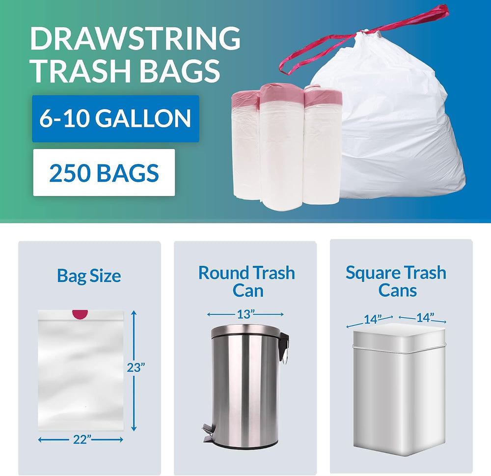 6-10 Gallon Trash Bags Drawstring | 250 Count | 22"x23" | 6, 8, 10 ...