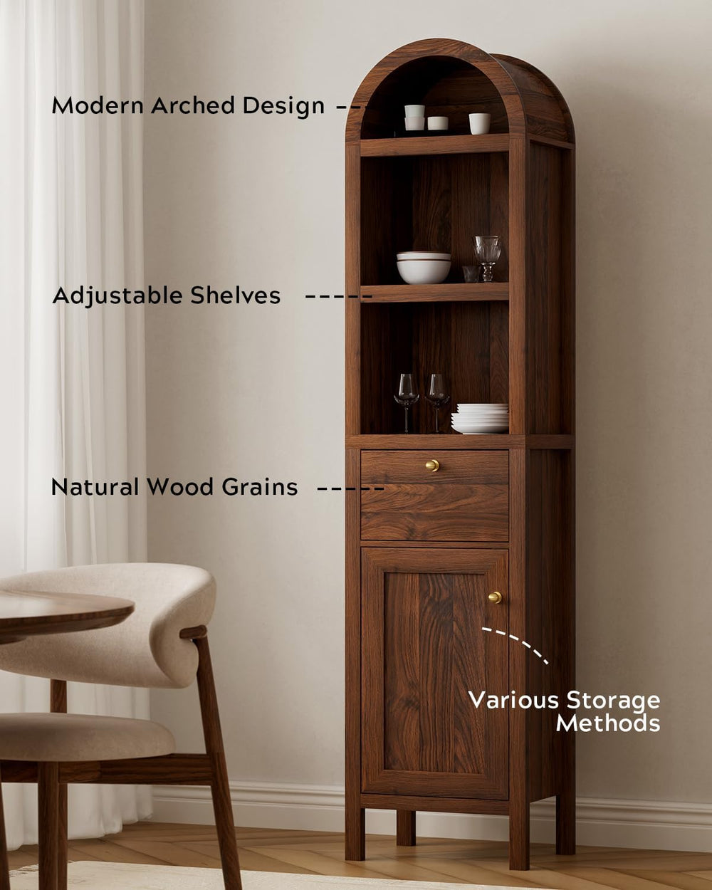 EYYTHUNG Arched Bathroom Narrow Storage Cabinet with Door and Drawer, 67&quot...