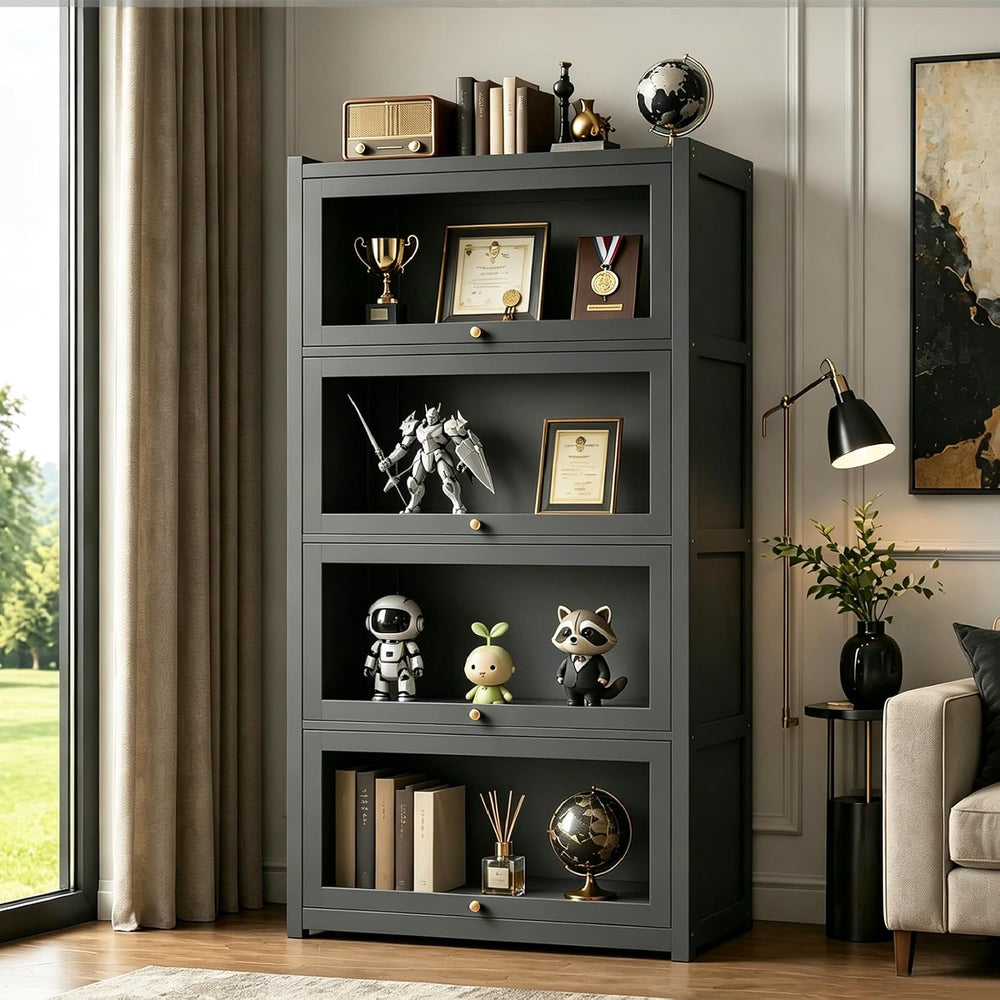 Display Cabinet with Doors, 4-Tier Bamboo Curio Cabinet for Small Space, Figu...