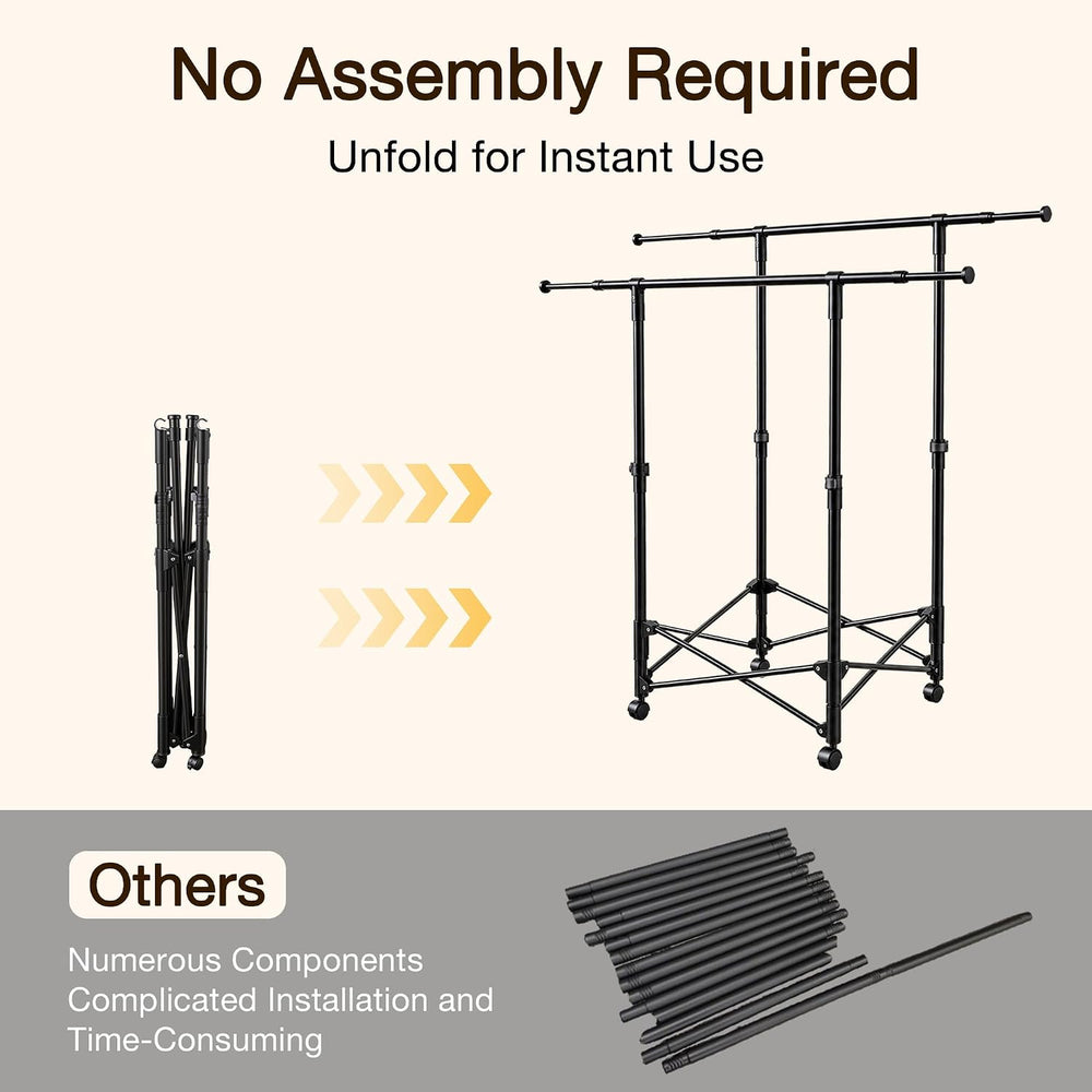 No-assembly Clothes Rack，Double Rod 59-Inch Rolling clothing rack