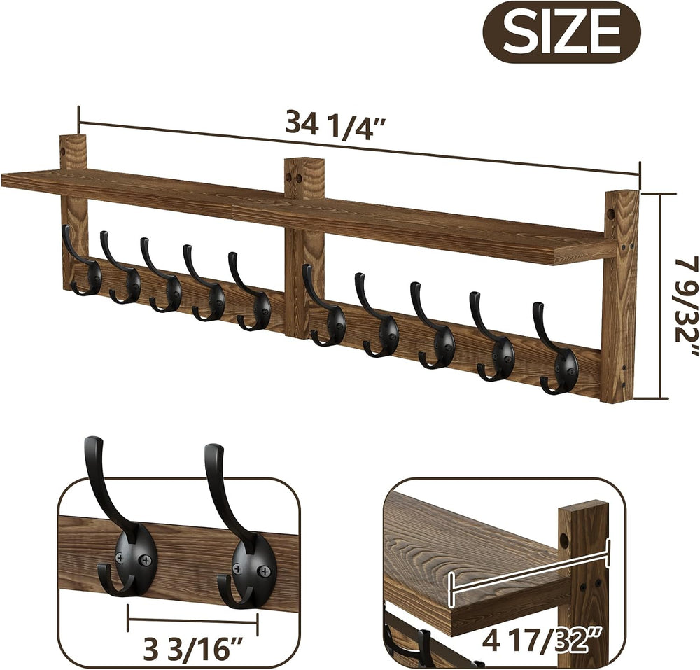AMBIRD 34.2 inch Wooden Extra-Long Wall Hook Rack with Shelf - Versatile and ...