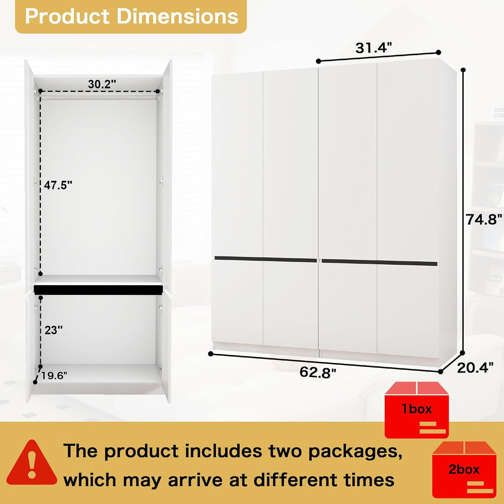 White Armoire Wardrobe Closet with 4 Doors: 75" H x 63" W