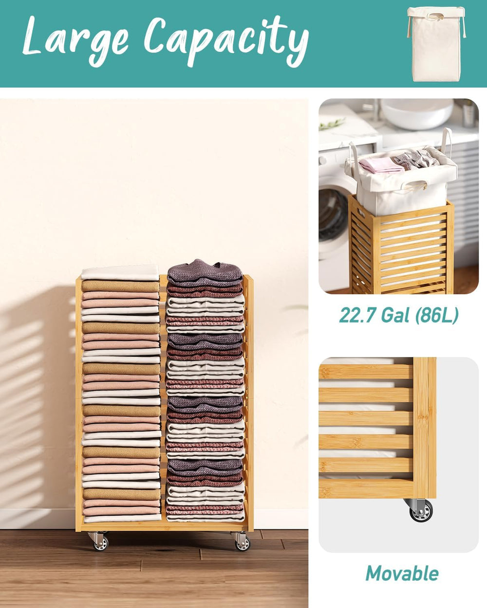 Laundry Hamper, 22.7 Gallon (86L) Bamboo Wood Clothes Laundry Basket with Whe...