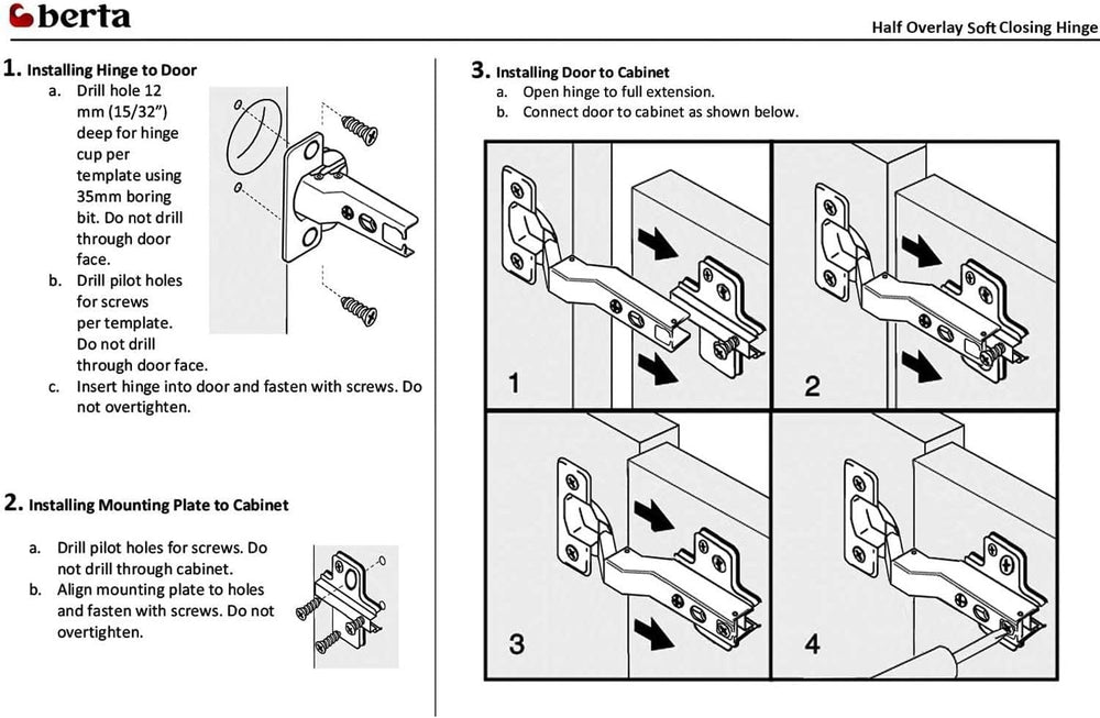 Berta, 30-Pack Half overlay 110° Soft-Close Frameless Cabinet Hinges