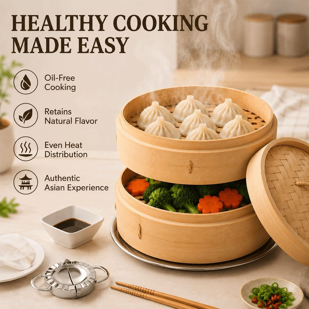 Bamboo Steamer Basket 10 Inch, 2-Tier Dumpling Steamer for Bao Buns, Dim Sum,...