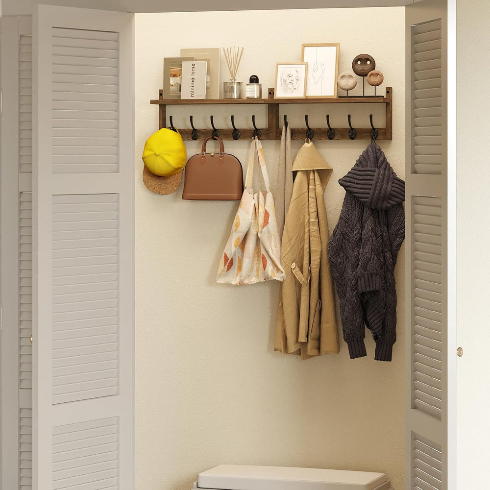 AMBIRD 34.2 inch Wooden Extra-Long Wall Hook Rack with Shelf - Versatile and ...