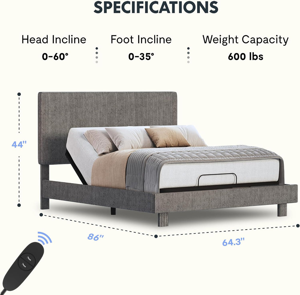 FLEXISPOT Queen Adjustable Bed with Velvet Upholstered Frame, Dark Grey