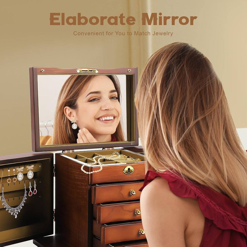 Large Wooden Jewelry Box with Mirror and Lock, 5 Layers Locking Jewelry Organ...
