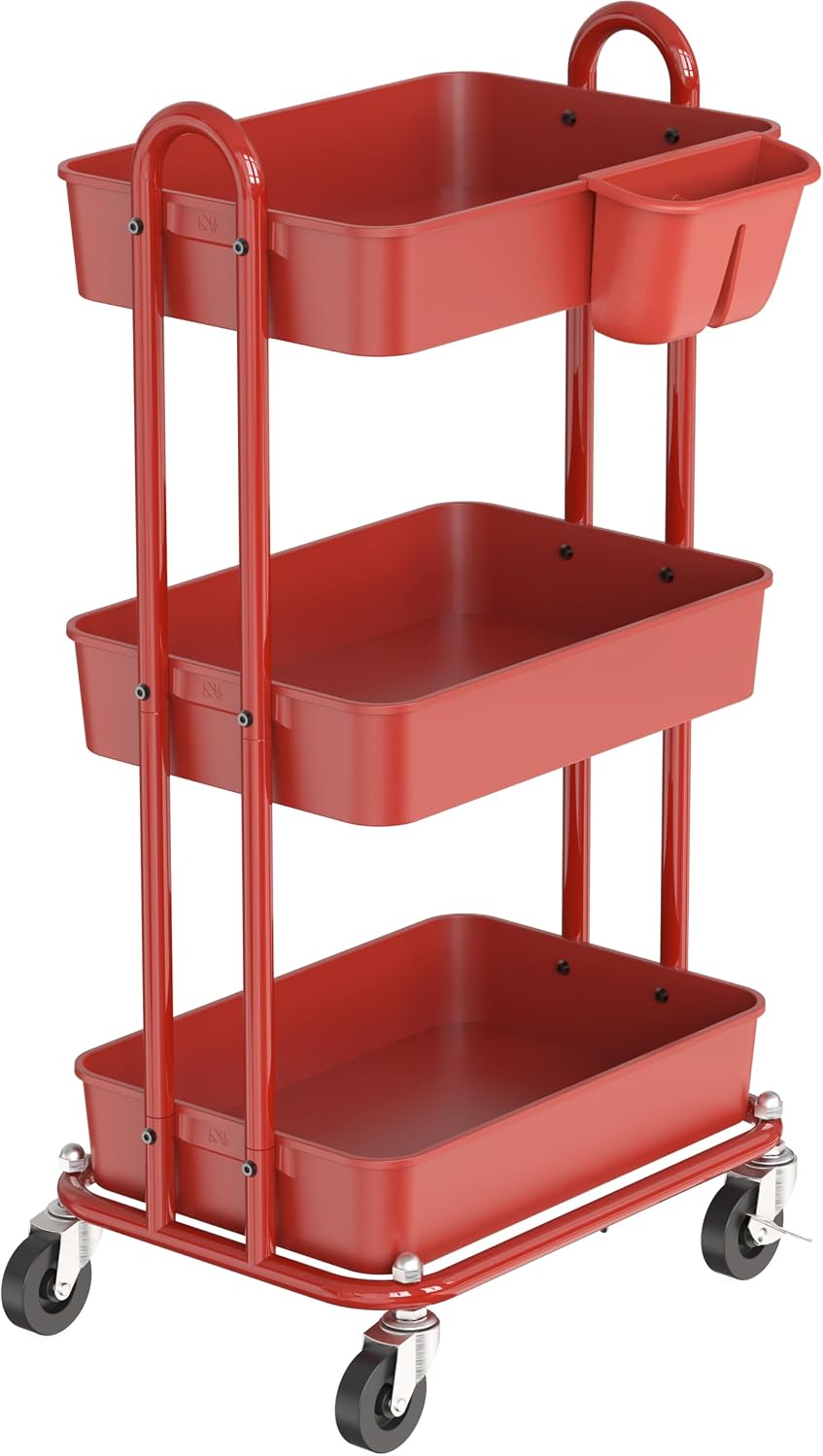 Simple Houseware 3-Tier Rolling Utility Cart with Hanging Bucket, Red
